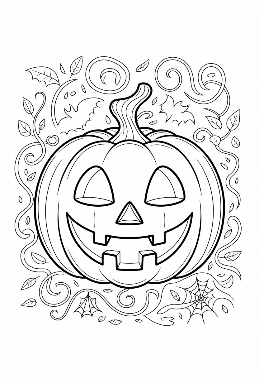 Halloween Coloring Pages Printable Featuring Classic Icons and Spooky Fun for All Ages 18 A classic jack-o'-lantern pumpkin with triangular eyes and nose, a toothy grin, surrounded by Halloween elements like vines, leaves, bats, and cobwebs.